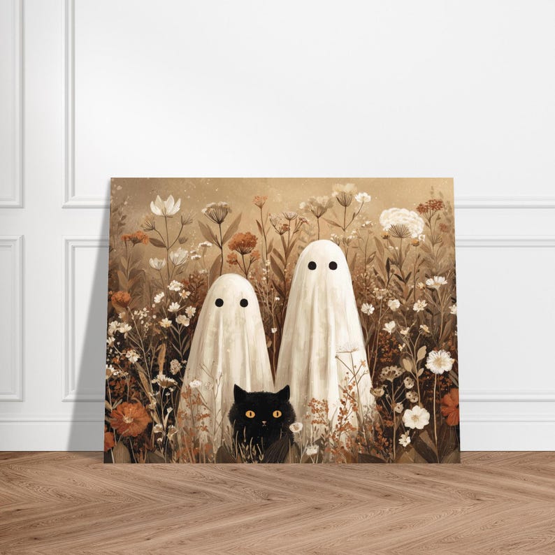 Vintage Ghosts and Black Cat in Wild floral Meadow Poster, Halloween Floral ghost oil painting style Poster for cat lover, cottage core image 5