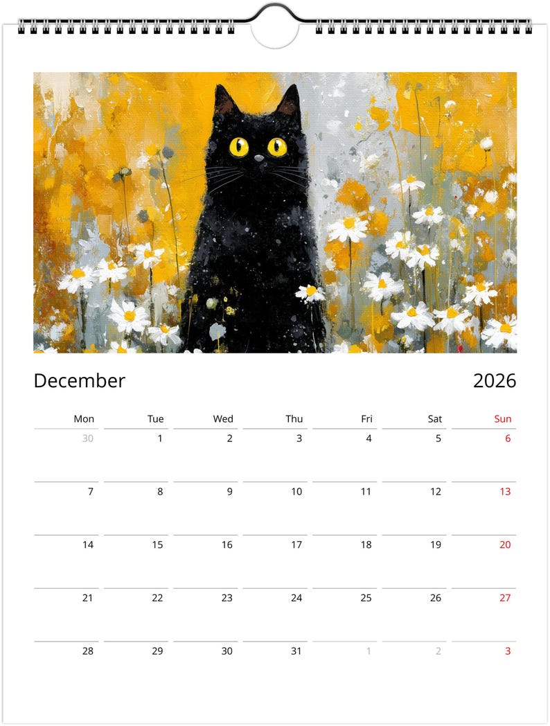 Black Cat 2026 Calendar, Colourful Pop Art Painting Cat Calendar, Whimsical Black Cat Art 2026 Wall Planner image 13