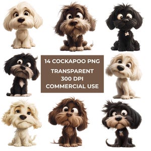 May include: A collection of nine cartoon Cockapoo dog illustrations in various colors, including white, brown, and black. The image includes text that reads "14 Cockapoo PNG, Transparent, 300 DPI, Commercial Use."