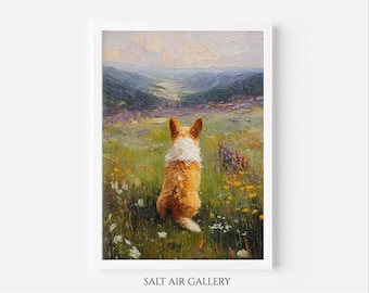 以下が含まれることがあります： 野原に座り、谷を見下ろすコーギー犬の油絵。犬はオレンジと白の毛皮をしています。アートワークは白いフレームで額装されています。絵画はテクスチャード加工された印象派スタイルです。