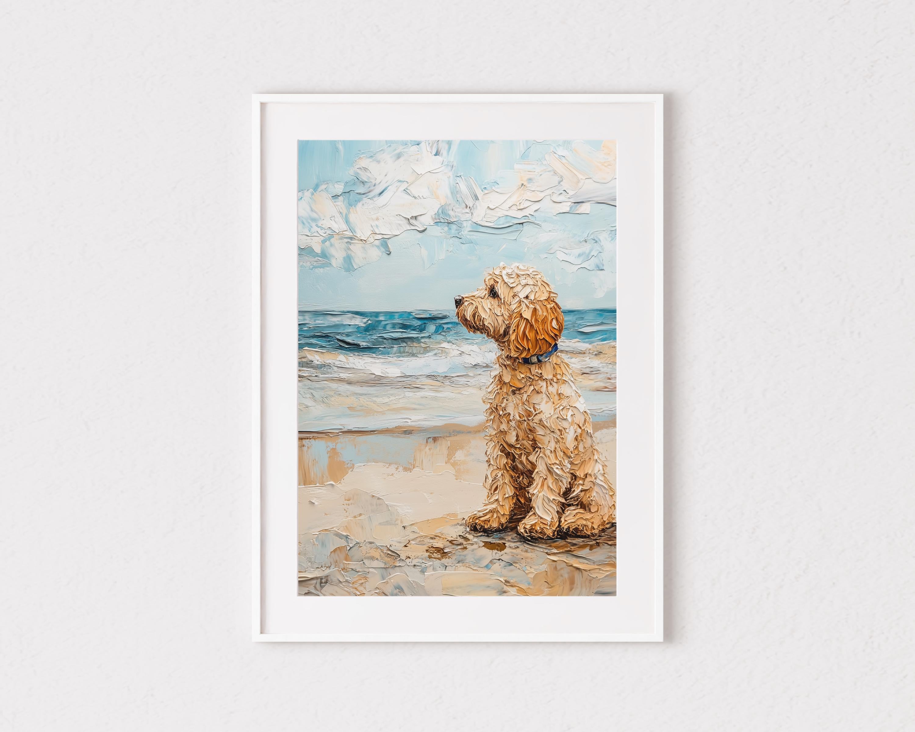 Arte de pared abstracto con textura de garabato de cockapoo imprimible, pintura costera de perro en la playa, regalo para dueño de cockapoo, arte de perro garabato color crema