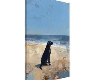 Impresión artística abstracta en lienzo de playa de labrador negro, regalo en lienzo de labrador para dueños de perros, lienzo de playa de perro para una vida con temática costera