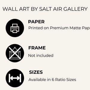 May include: Image from Salt Air Gallery. The text indicates the wall art is printed on premium matte paper. Frames are not included. Available in 6 ratio sizes. The image has a cream background with black text and icons.