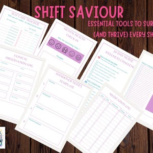 May include: A collection of printable planner pages with a purple and white color scheme. The pages include a self-care tracker, mental health check-in, clinical observation log, handover notes template, 30-day nurse wellness challenge, daily shift planner, and medication log. The text "SHIFT SAVIOUR" is at the top.