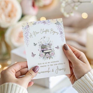 Modello di invito per addio al nubilato "Un nuovo capitolo inizia" / Invito a tema libro Canva / Download digitale modificabile per la sposa amante dei libri