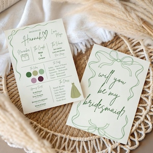 May include: Two invitation cards with green accents on a woven tray. One card reads "Hannah" and details wedding information. The other card says "Will you be my bridesmaid?" in cursive font.