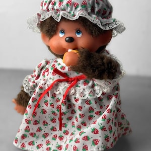 1980s Vintage Monchhichi RARE Strawberry Dress and Hat - Mint Condition - Plush - Banana Version - Blue Eyes