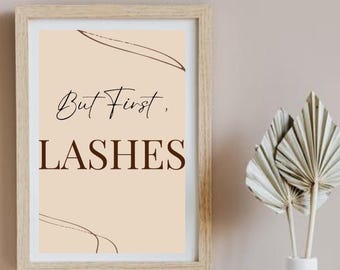 "Minimalistische ""But First, Lashes"" Wandkunst - Lash Room druckbares Zitat für Salondekor & Beauty-Studio""Ästhetik."