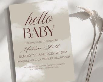 Bearbeitbare minimalistische Babypartyeinladung • Neutrale Babypartyeinladung mit Wolkendesign • Sofort-Download-Vorlage