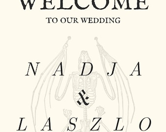 Gothic Wedding Welcome Sign Template: Bat Skeleton Decor (Digital Download, 18x24in Canva Template