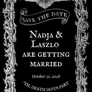 Bearbeitbare Gothic Save The Date Vorlage | Vintage Vampir-Hochzeits-Postkarte | Halloween-Hochzeitsmitteilung | Dunkle Romantik zum ausdrucken