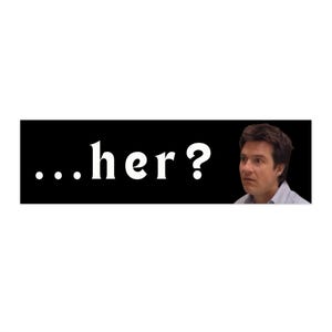 Op de afbeelding: Een zwarte rechthoek met de tekst "...her?" in het wit, met een verbaasde man aan de rechterkant. De man kijkt naar rechts met een bezorgde uitdrukking.