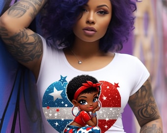 Chica negra patriótica PNG: Diseño de sublimación afrocéntrica del 4 de julio (Descarga digital)