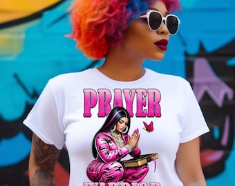 Guerrera de la oración PNG: Mujer cristiana con camuflaje rosa, arte bíblico (descarga digital)