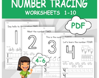 Number Tracing, Number Worksheets, Numbers 1-10, Kindergarten, Pre-K, Homeschool, Math Worksheets Printables,  Counting Practice