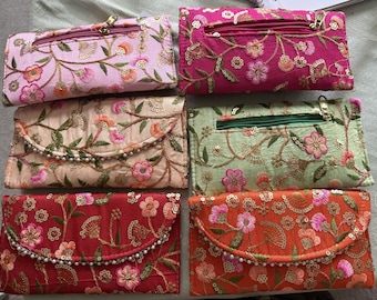 Handmade Floral Embroidered Zipper Pouch | Indian Brocade Clutch | Travel Makeup Bag | Gift for Her