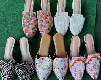 Handmade Embroidered Block Heel Mules| Indian Sandals – Traditional Indian Party Wear