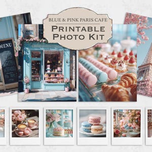 Printable Photo Set for Journal or Scrapbook Pink and Blue Add On to Paris Cafe Junk Journal Kit with Coffee and Macarons by Eiffel Tower