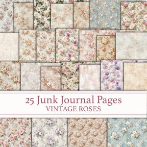 Vintage Rose Junk Journal Kit neutraal botanisch papier Afdrukbare bloemenpagina's Natuurlijk behang roze ivoor crème en blauwe bloemen