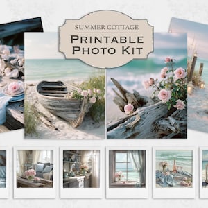 May include: A collection of printable photo kit images with a summer cottage theme. The images include a weathered boat on a sandy beach, a table setting with roses, and coastal scenes. The text on the image reads "Summer Cottage Printable Photo Kit."