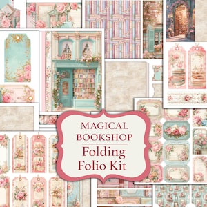 May include: A collage of scrapbook paper and embellishments with a vintage, floral theme. The design includes tags, frames, and paper with a magical bookshop motif. The text "MAGICAL BOOKSHOP Folding Folio Kit" is displayed on a pink and white label.