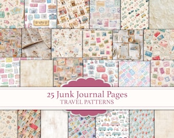 May include: A collection of 25 junk journal pages with travel patterns. The pages feature various designs, including suitcases, cameras, stamps, and maps in pastel colors. The text "25 Junk Journal Pages TRAVEL PATTERNS" is displayed on a banner.