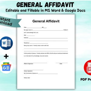 Editable General Affidavit Form General Affidavit Form Printable Affidavit Simple Affidavit Form with Notary Word & PDF Affidavit Template
