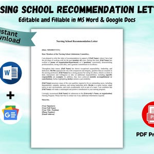 Könnte beinhalten: Eine druckbare Vorlage für ein Empfehlungsschreiben für die Krankenpflegeschule in MS Word und Google Docs. Das Dokument enthält ein Beispielschreiben und Symbole für Word, Google Docs und PDF-Formate. Die Worte "Sofort-Download" stehen auf einem Banner.