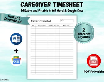 Editable Caregiver Timesheet Caregiver Hours Home Health Care Time Sheet Caregiver Schedule Home Care Shift Home Aid patient Visit Time Log