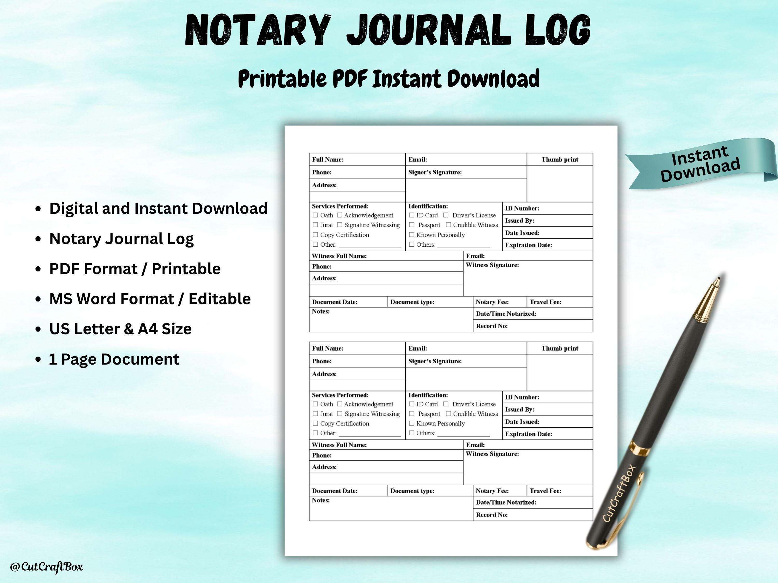 Editable Notary Journal Log Template Notary Public Record Book Notary ...