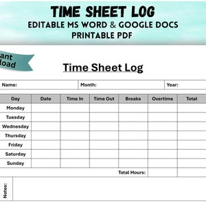 Editable Weekly Time Sheet Log Time Spent Tracker Time Keeping Log Timesheet log Employee Time Sheet log Work Schedule Daily Work Hours Log