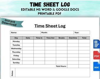 Editable Weekly Time Sheet Template: Printable Employee Work Hours Log (Digital Download)