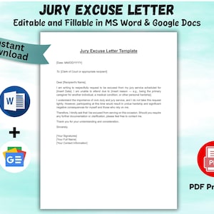 Jury Duty Excuse Letter Template: Editable Word & PDF (Digital Download