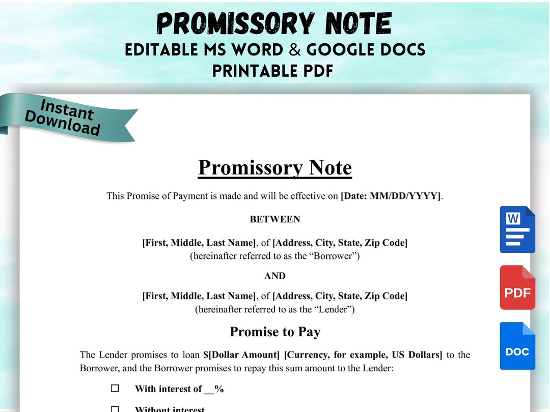 Editable Promissory Note Template: Personal Loan Agreement (digital ...