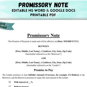 Editable Promissory Note for Payment Promissory Note Simple Personal Loan Agreement Personal Loan Contract Loan Payment Agreement Contract