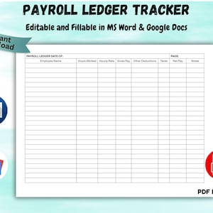 Editable Payroll Ledger Payroll Register Payroll Management Employee Payroll Log Summary Weekly Payroll  Payroll Report Payroll Tracker