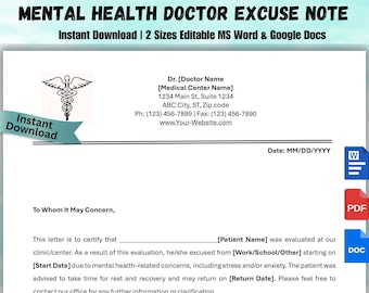 Certificato medico per la salute mentale modificabile per lavoro e scuola, modello di certificato medico per lettera di giustificazione per la salute mentale (download digitale)