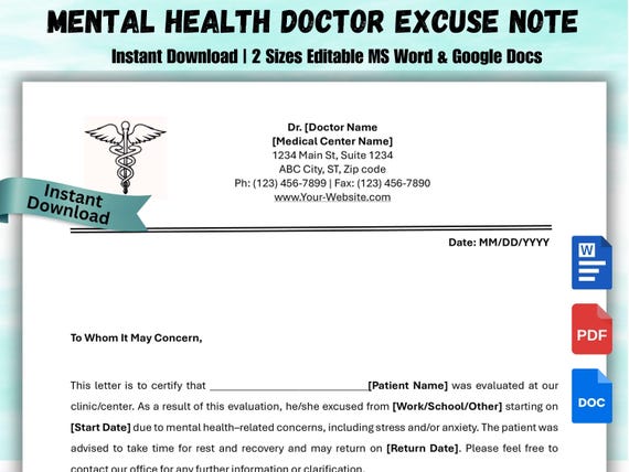 Editable Mental Health Doctor Note for Work & School, Medical