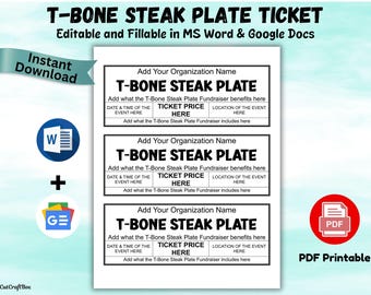T-Bone Steak Dinner Fundraiser Ticket Template – Editable, Printable (PDF, Word, Google Docs) US Letter