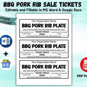 Editable Fundraiser Ticket BBQ Pork Rib Fundraising Meal Ticket BBQ Sale Event Ticket Printable BBQ Pork Rib Plate Sale Ticket  Word & Pdf