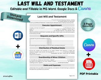 Last Will and Testament Template: Customizable Legal Form (Printable PDF)