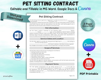 Pet Sitting Contract Template: Editable Dog Walker Agreement (Printable PDF, Canva & Word) + Bonus Receipt