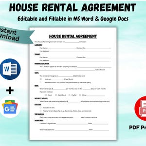 House Rental Agreement Template Editable Residential Housing Contract Single Page Landlord Form Property Lease Agreement Residential Lease