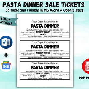 Pasta Dinner Sale Ticket Fundraiser Ticket Pasta Dinner Editable Pasta Dinner meal Ticket Printable Customizable Ticket Ms Word & PDF