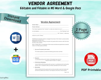 Editable Vendor Agreement Template: Event, Sales, Catering Contract (Digital Download)