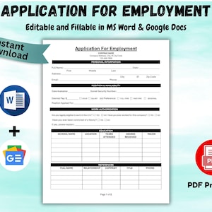 Editable Employee Application Job Application Template Application for Employment HR Template New Employee Application Form Word & PDF