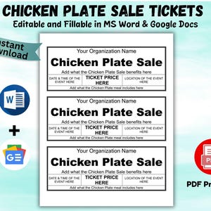 Editable Chicken Plate Sale Tickets Chicken Plate Sale Fundraiser Tickets Chicken Plate Sale Ticket Printable Ticket MS Word & PDF