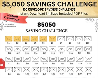 100 Envelope Challenge Printable, 5050 Money Savings Challenge Finance Tracker Budget Savings PDF (US Letter, A4, A5, A6) (Digital Download)