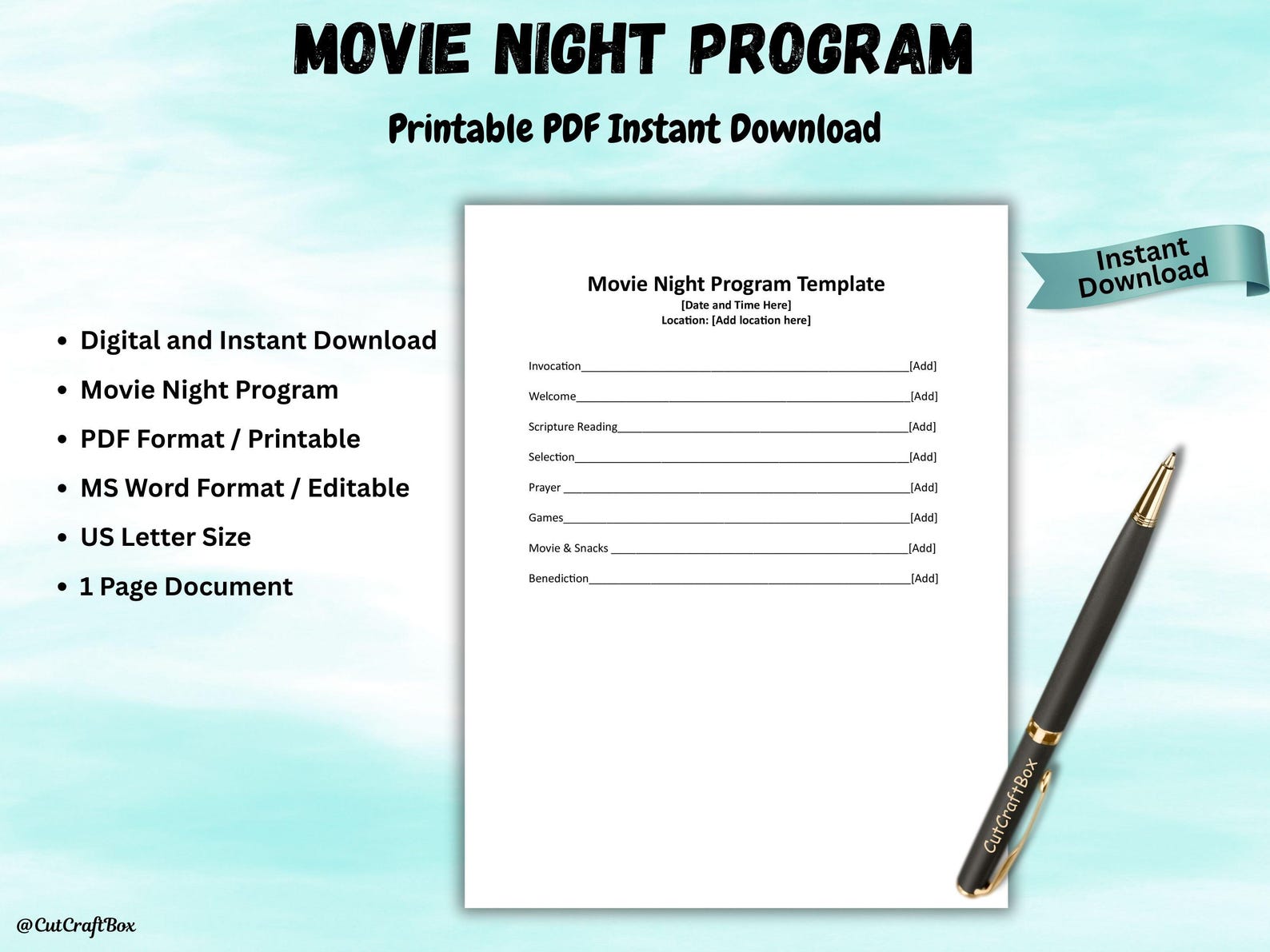 Editable Movie Night Program Template for Church or Events Church Movie ...