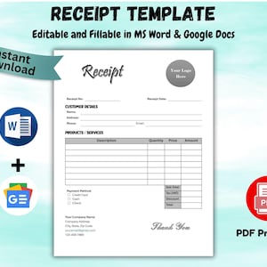 Editable Receipt Template Receipt Form Digital Business Receipt Customer Receipt Sales Receipt Service Receipt Templates Instant Download